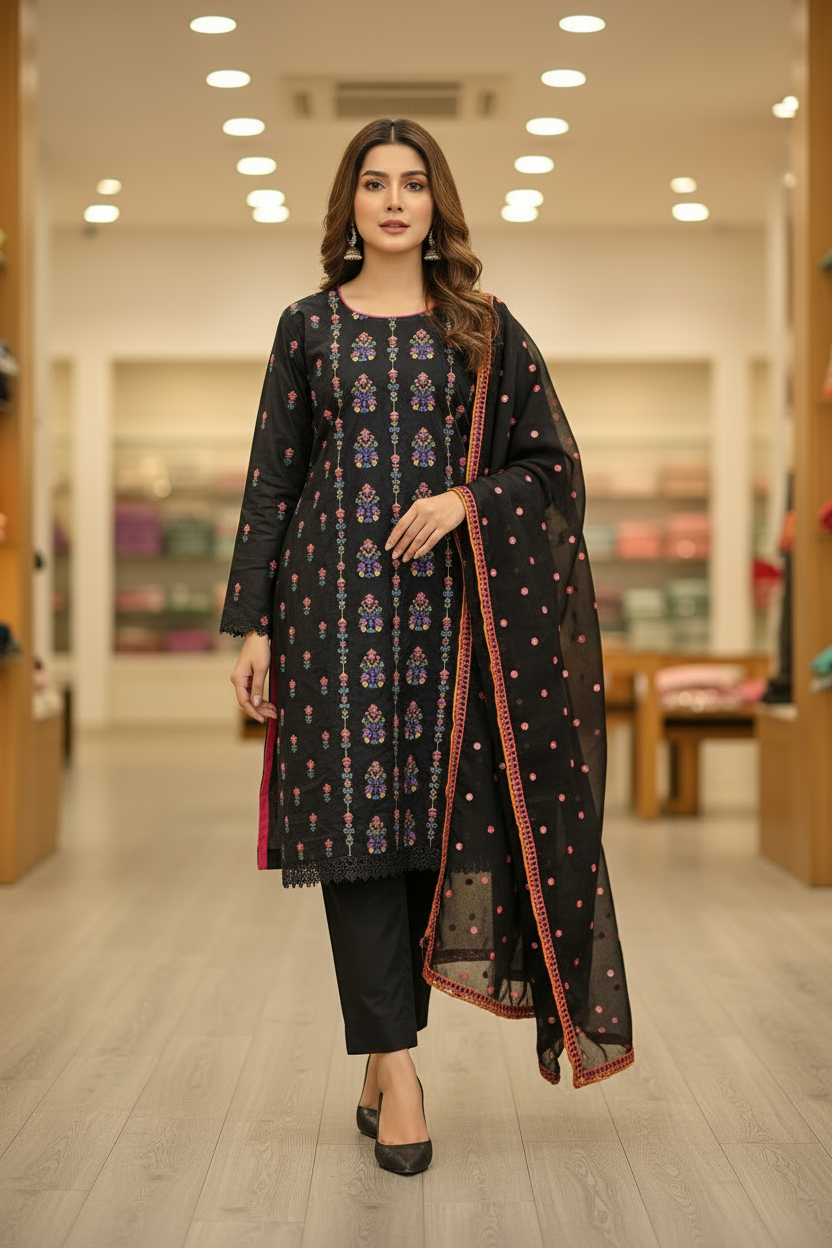 SBR The Midnight Bloom: Pure Cotton Heavy Thread Work Ensemble – Black & Deep Navy Blue with Multi Colour Embroidery | Festive Wear