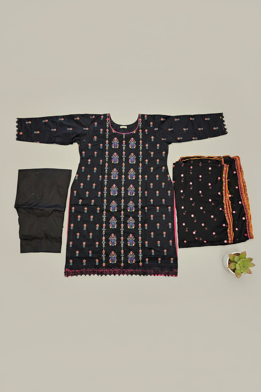 SBR The Midnight Bloom: Pure Cotton Heavy Thread Work Ensemble – Black & Deep Navy Blue with Multi Colour Embroidery | Festive Wear