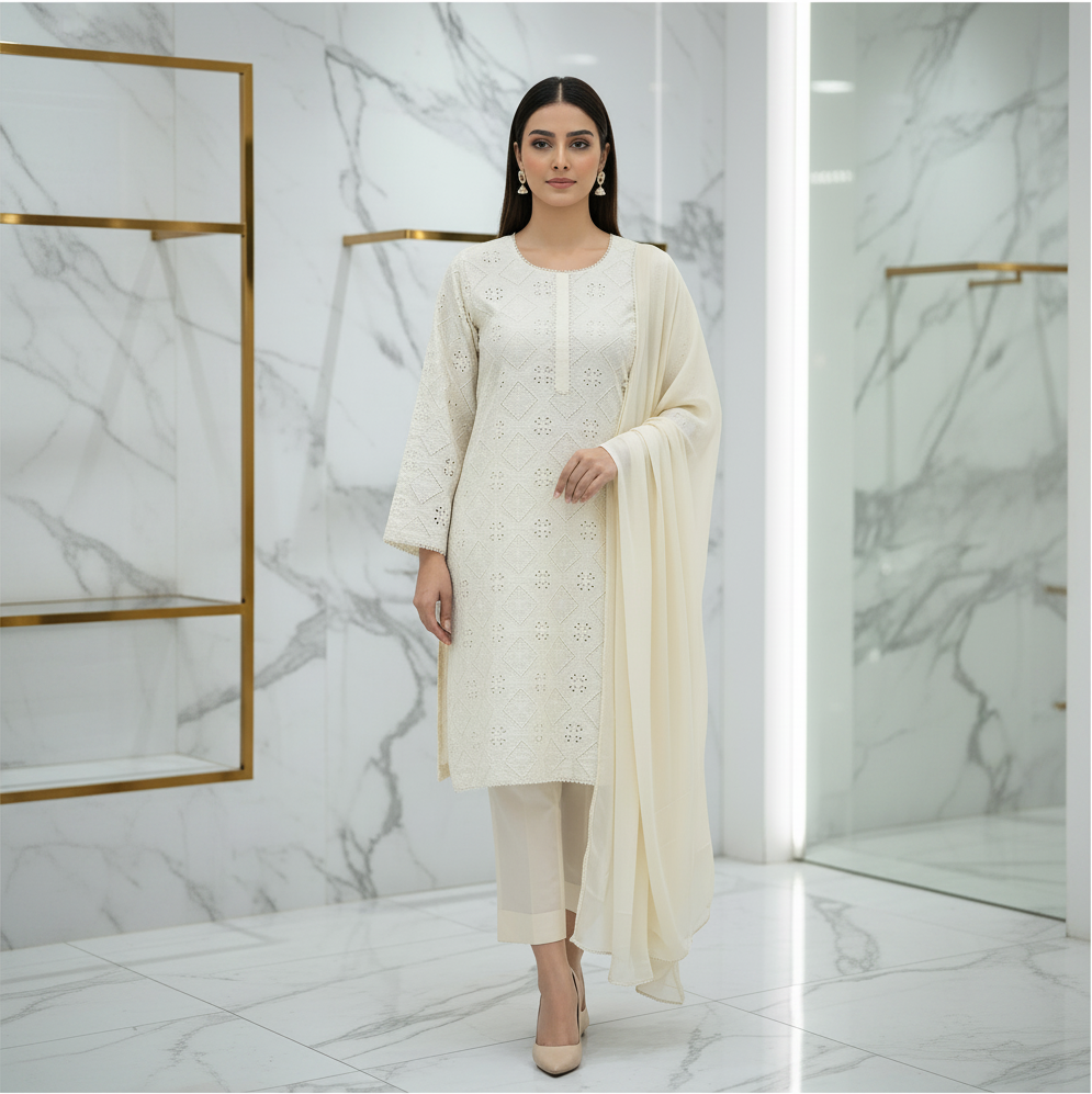 The Cream Chikan Edit: Laser Cut All-Over Cotton Suit with Lining – Fully Embroidered Front | Plain Dupatta & Trouser | M to 8XL