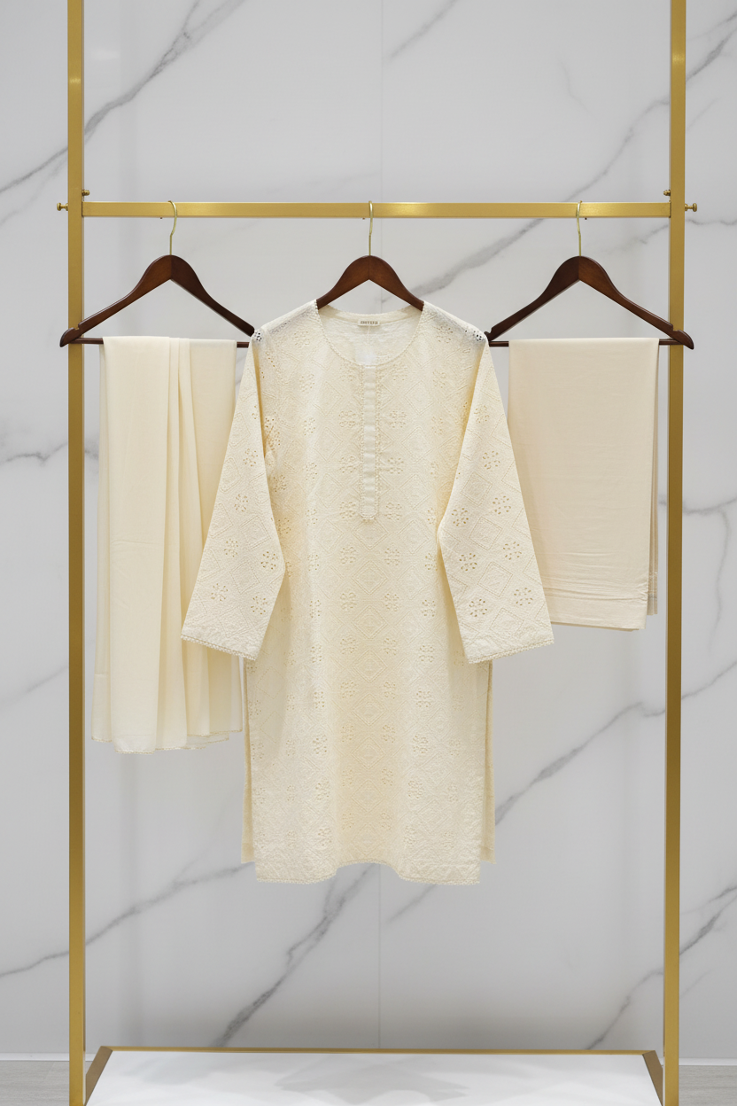 The Cream Chikan Edit: Laser Cut All-Over Cotton Suit with Lining – Fully Embroidered Front | Plain Dupatta & Trouser | M to 8XL