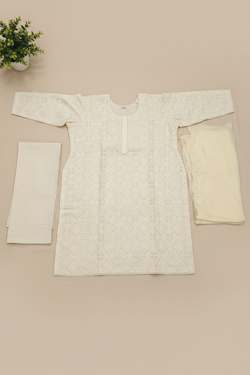 The Cream Chikan Edit: Laser Cut All-Over Cotton Suit with Lining – Fully Embroidered Front | Plain Dupatta & Trouser | M to 8XL