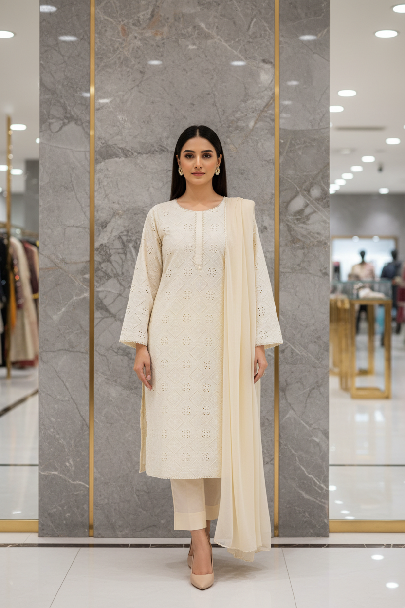 The Cream Chikan Edit: Laser Cut All-Over Cotton Suit with Lining – Fully Embroidered Front | Plain Dupatta & Trouser | M to 8XL