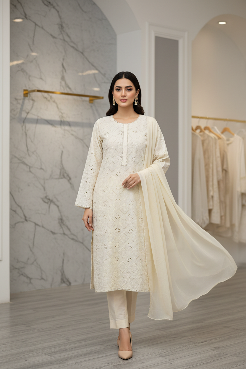 The Cream Chikan Edit: Laser Cut All-Over Cotton Suit with Lining – Fully Embroidered Front | Plain Dupatta & Trouser | M to 8XL