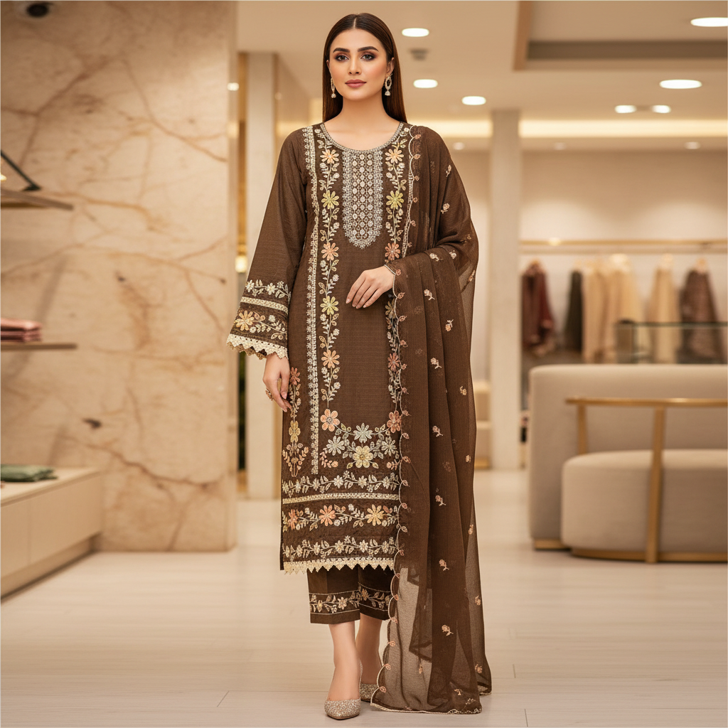 SMR Heavy Thread Embroidered Cotton Suit | Deep Chocolate & Navy | Plus Sizes | Party, Festive and Eid Outfit