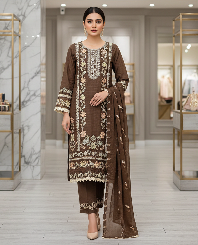 SMR Heavy Thread Embroidered Cotton Suit | Deep Chocolate & Navy | Plus Sizes | Party, Festive and Eid Outfit