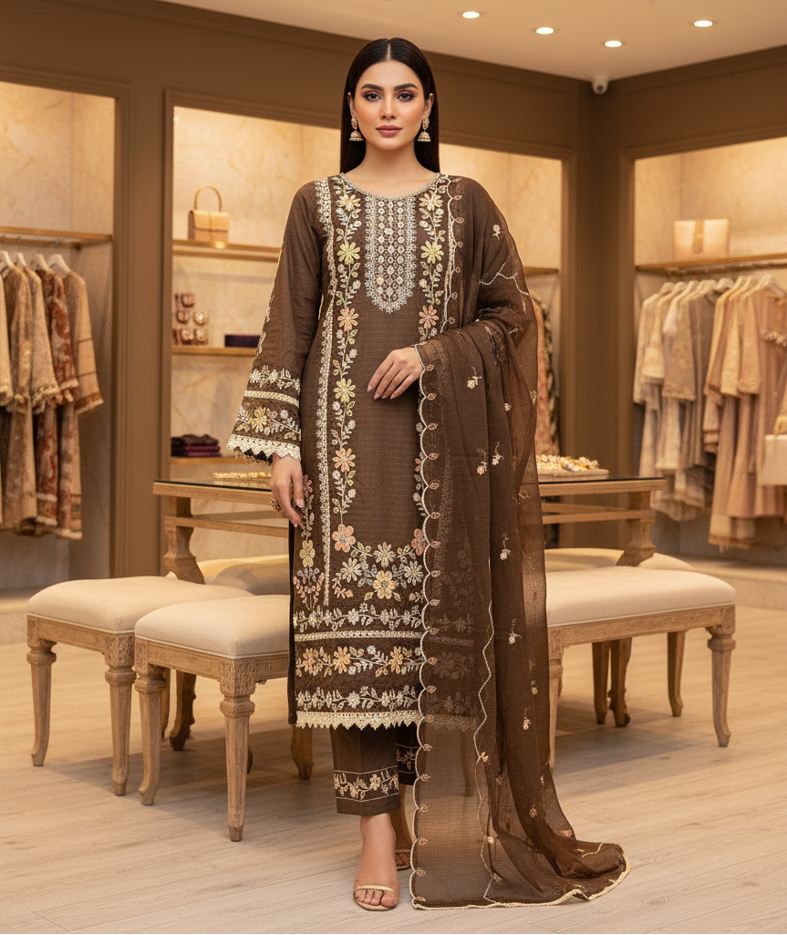 SMR Heavy Thread Embroidered Cotton Suit | Deep Chocolate & Navy | Plus Sizes | Party, Festive and Eid Outfit