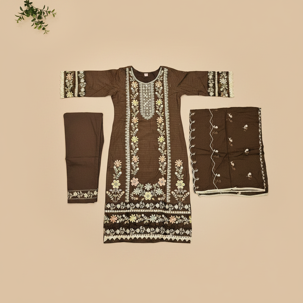 SMR Heavy Thread Embroidered Cotton Suit | Deep Chocolate & Navy | Plus Sizes | Party, Festive and Eid Outfit