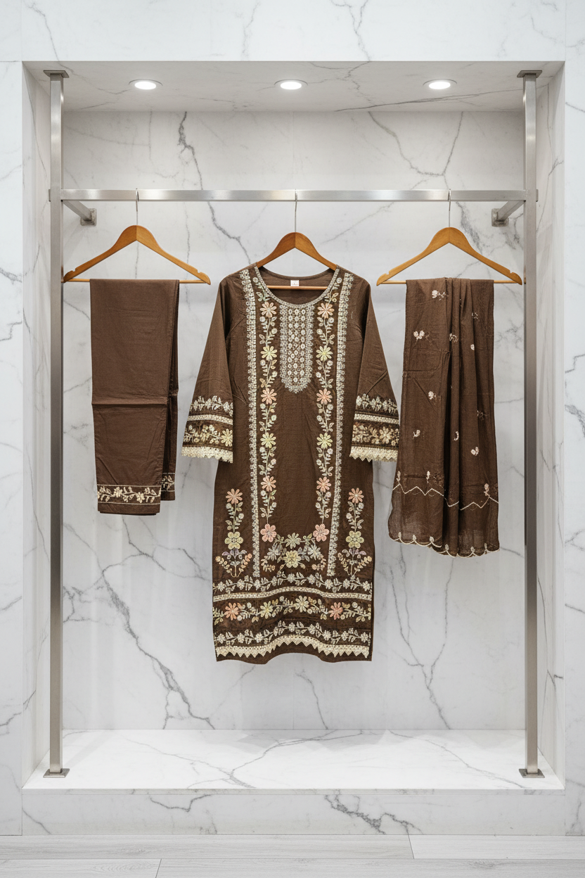 SMR Heavy Thread Embroidered Cotton Suit | Deep Chocolate & Navy | Plus Sizes | Party, Festive and Eid Outfit