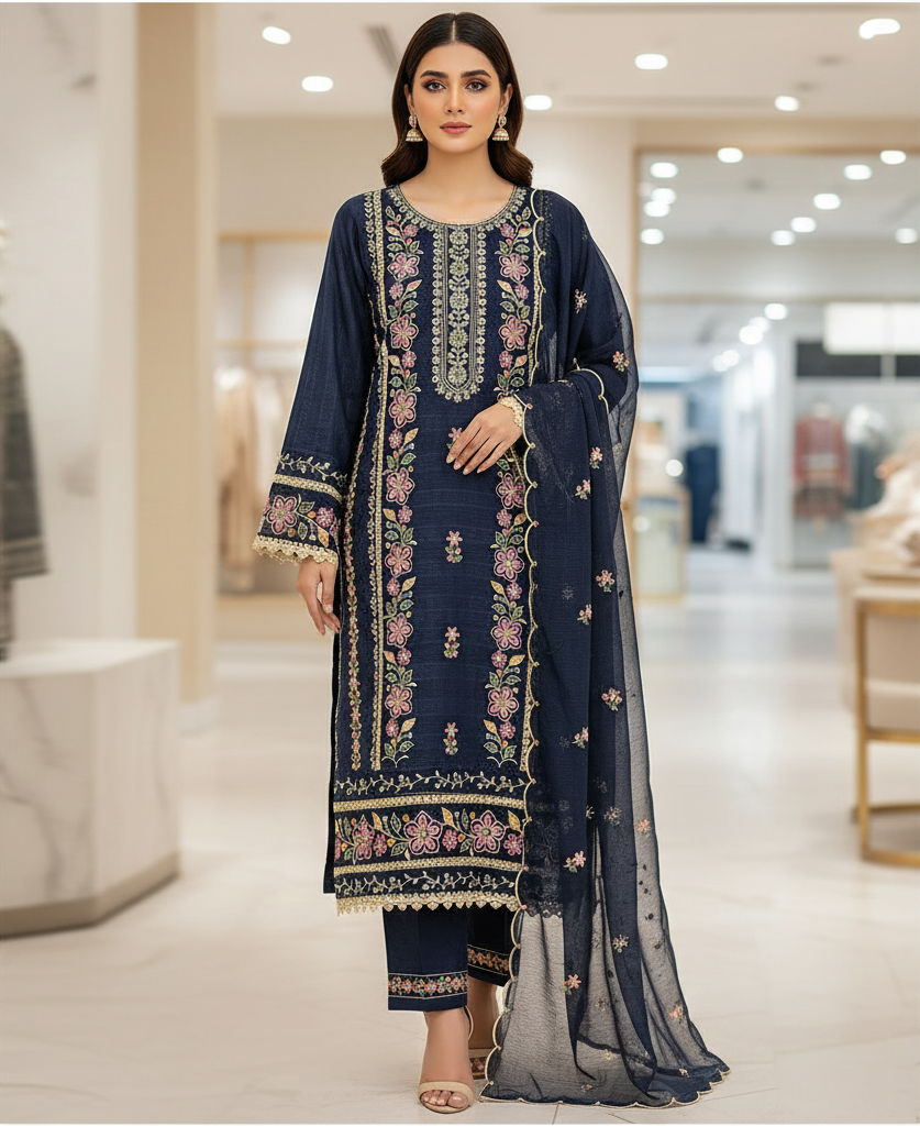 SMR Heavy Thread Embroidered Cotton Suit | Deep Chocolate & Navy | Plus Sizes | Party, Festive and Eid Outfit
