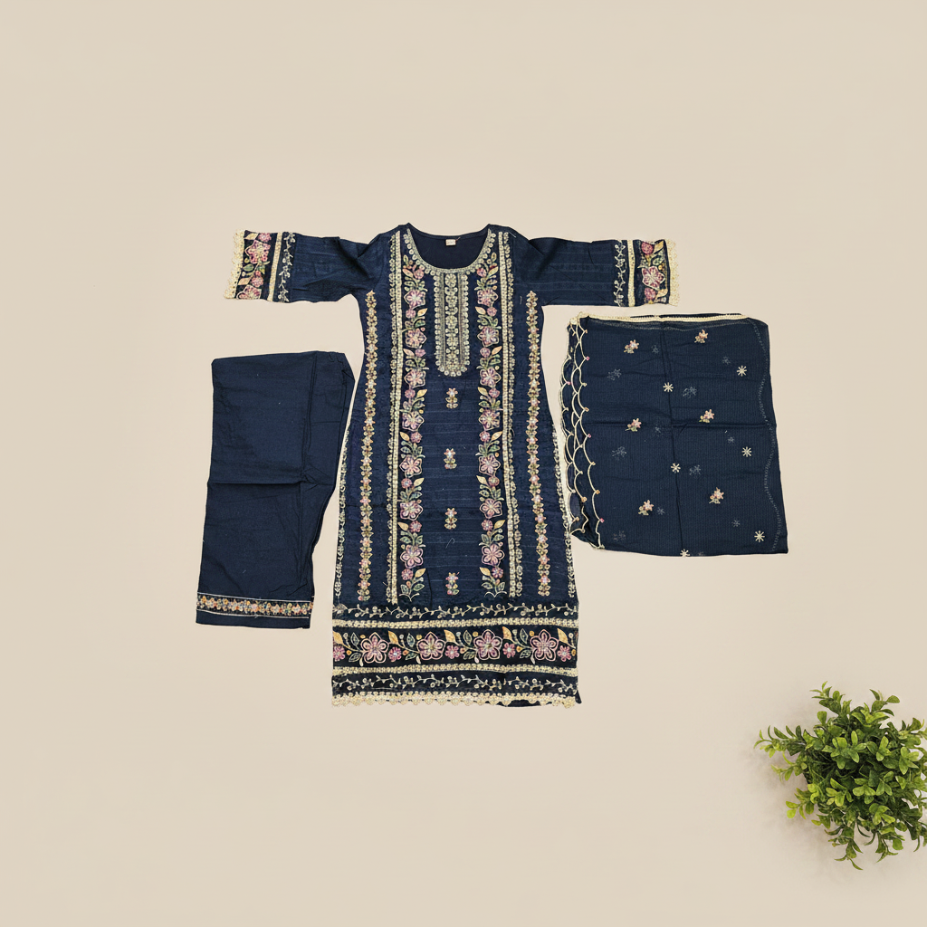 SMR Heavy Thread Embroidered Cotton Suit | Deep Chocolate & Navy | Plus Sizes | Party, Festive and Eid Outfit