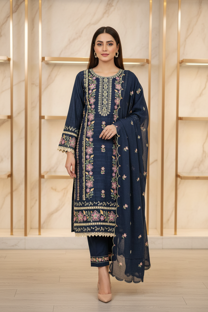 SMR Heavy Thread Embroidered Cotton Suit | Deep Chocolate & Navy | Plus Sizes | Party, Festive and Eid Outfit