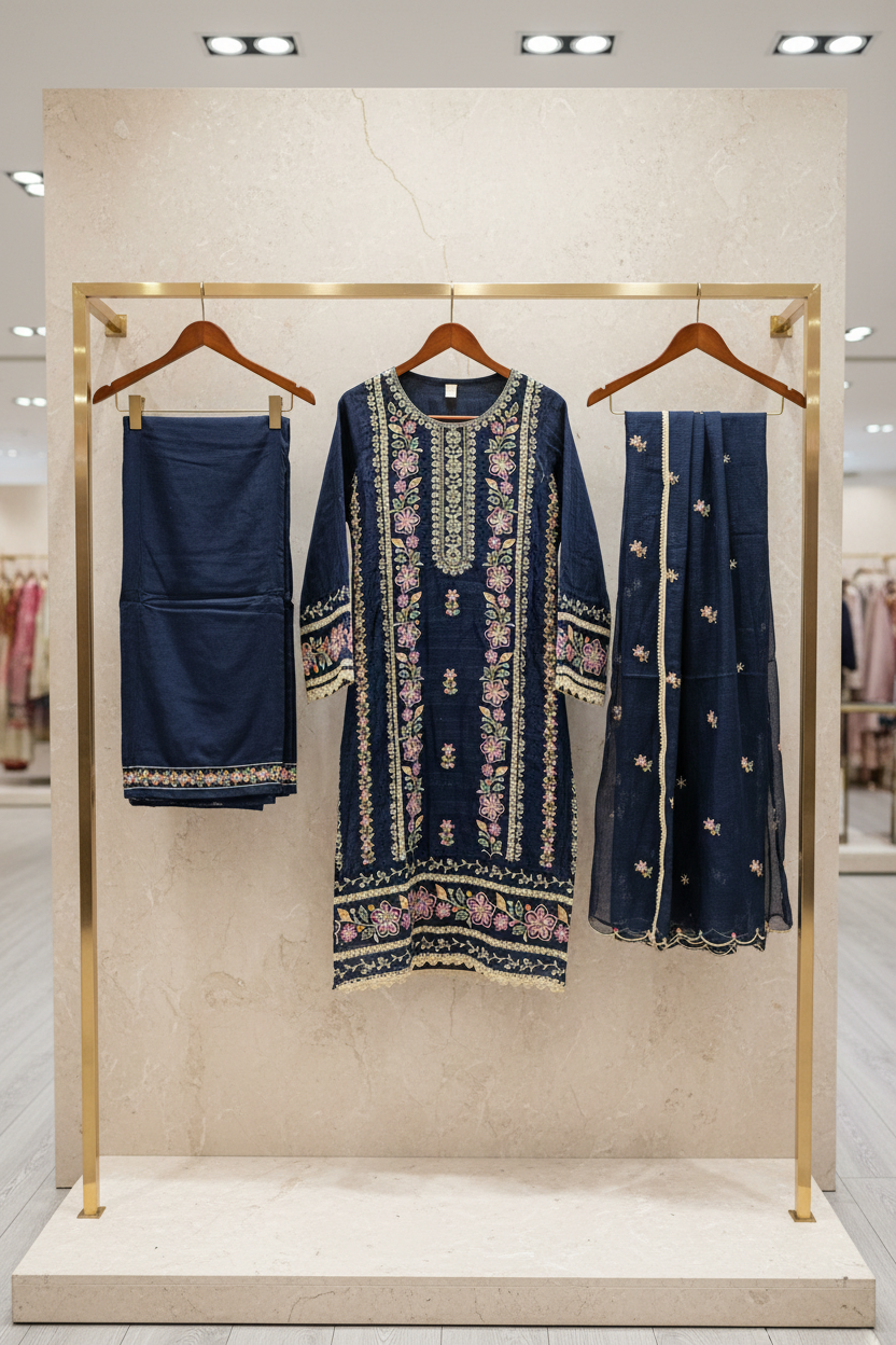 SMR Heavy Thread Embroidered Cotton Suit | Deep Chocolate & Navy | Plus Sizes | Party, Festive and Eid Outfit
