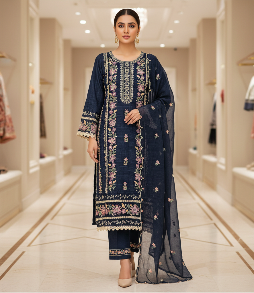 SMR Heavy Thread Embroidered Cotton Suit | Deep Chocolate & Navy | Plus Sizes | Party, Festive and Eid Outfit