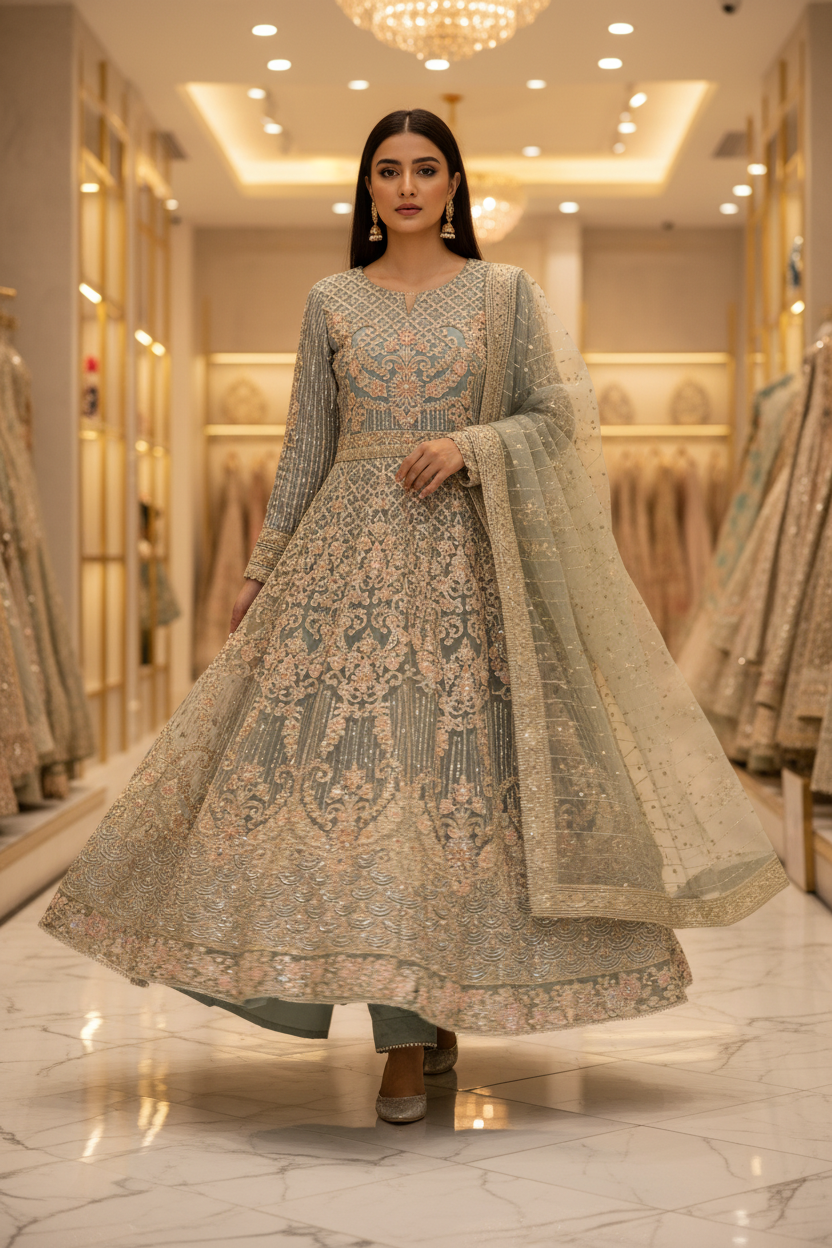 Enchanted Garden: Ice Blue and Peach Pink Embellished Net Maxi Dress with Organza Dupatta (Small to 7XL)