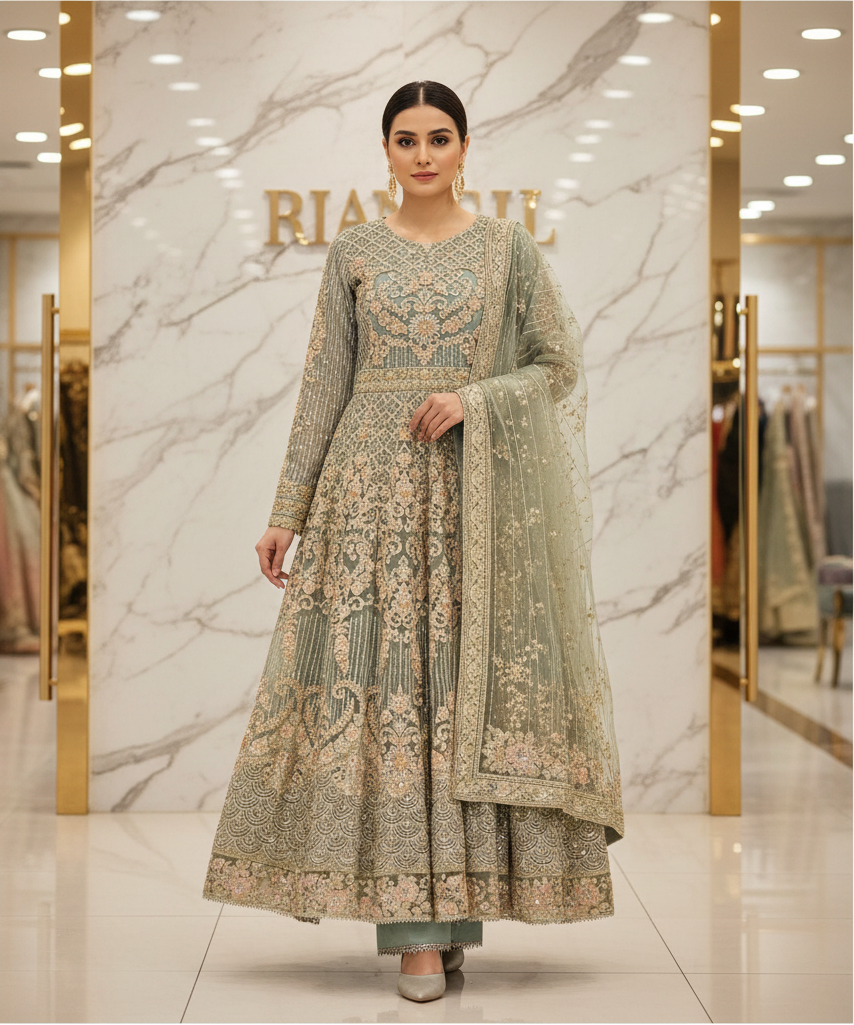 Enchanted Garden: Ice Blue and Peach Pink Embellished Net Maxi Dress with Organza Dupatta (Small to 7XL)