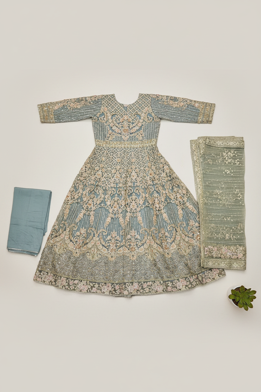 Enchanted Garden: Ice Blue and Peach Pink Embellished Net Maxi Dress with Organza Dupatta (Small to 7XL)