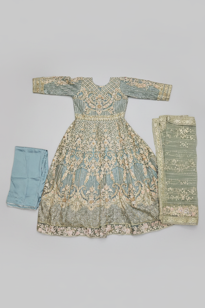 Enchanted Garden: Ice Blue and Peach Pink Embellished Net Maxi Dress with Organza Dupatta (Small to 7XL)