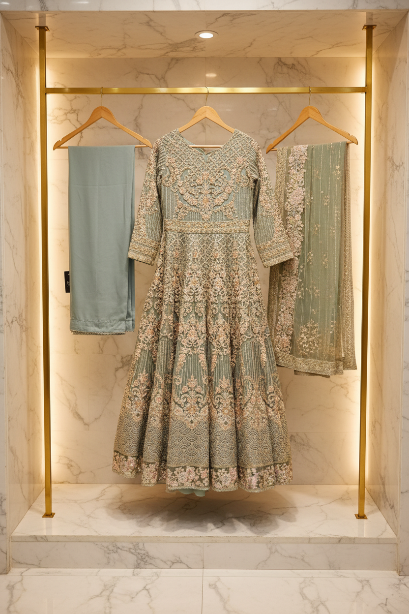 Enchanted Garden: Ice Blue and Peach Pink Embellished Net Maxi Dress with Organza Dupatta (Small to 7XL)