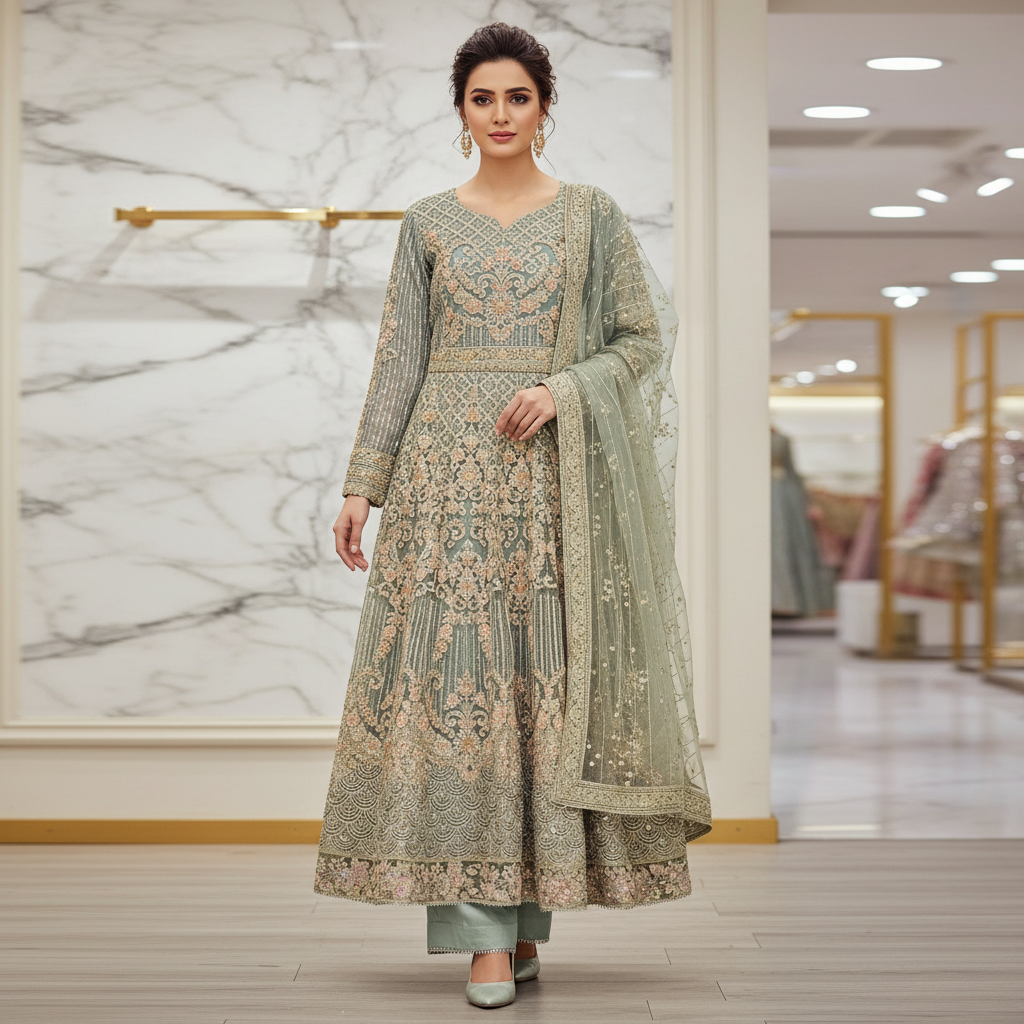Enchanted Garden: Ice Blue and Peach Pink Embellished Net Maxi Dress with Organza Dupatta (Small to 7XL)