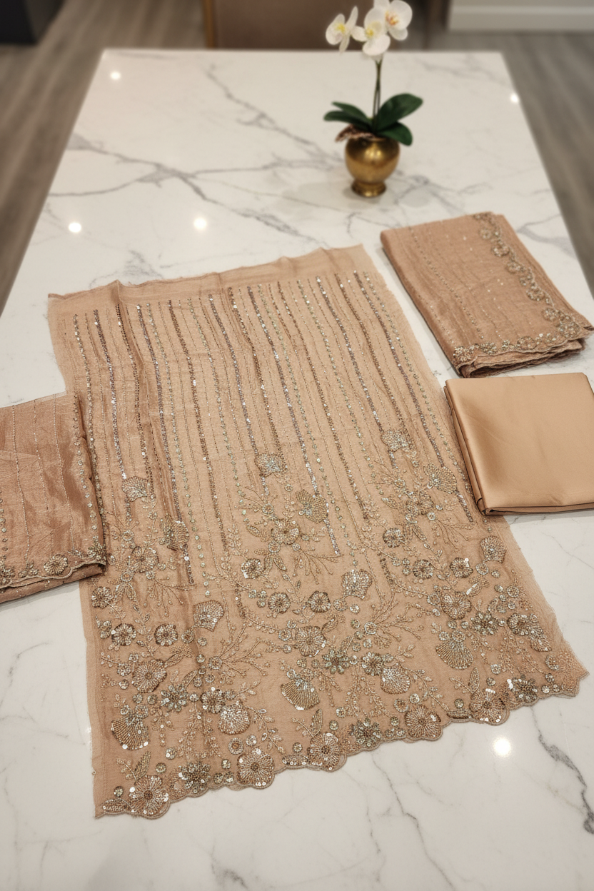 Shimmer Silk Chiffon Unstitched Embellished Fabric | All Over Crystals, Pearls, Stones, Sequins & Cut Dana | Fully Embroidered Front, Back & Sleeves | Embellished Dupatta Border | Wedding Party Suit Fabric M to 8XL