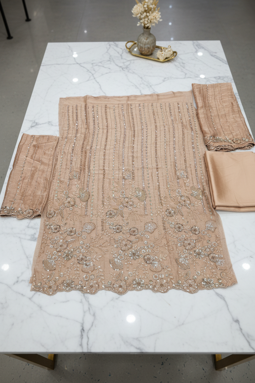 Shimmer Silk Chiffon Unstitched Embellished Fabric | All Over Crystals, Pearls, Stones, Sequins & Cut Dana | Fully Embroidered Front, Back & Sleeves | Embellished Dupatta Border | Wedding Party Suit Fabric M to 8XL