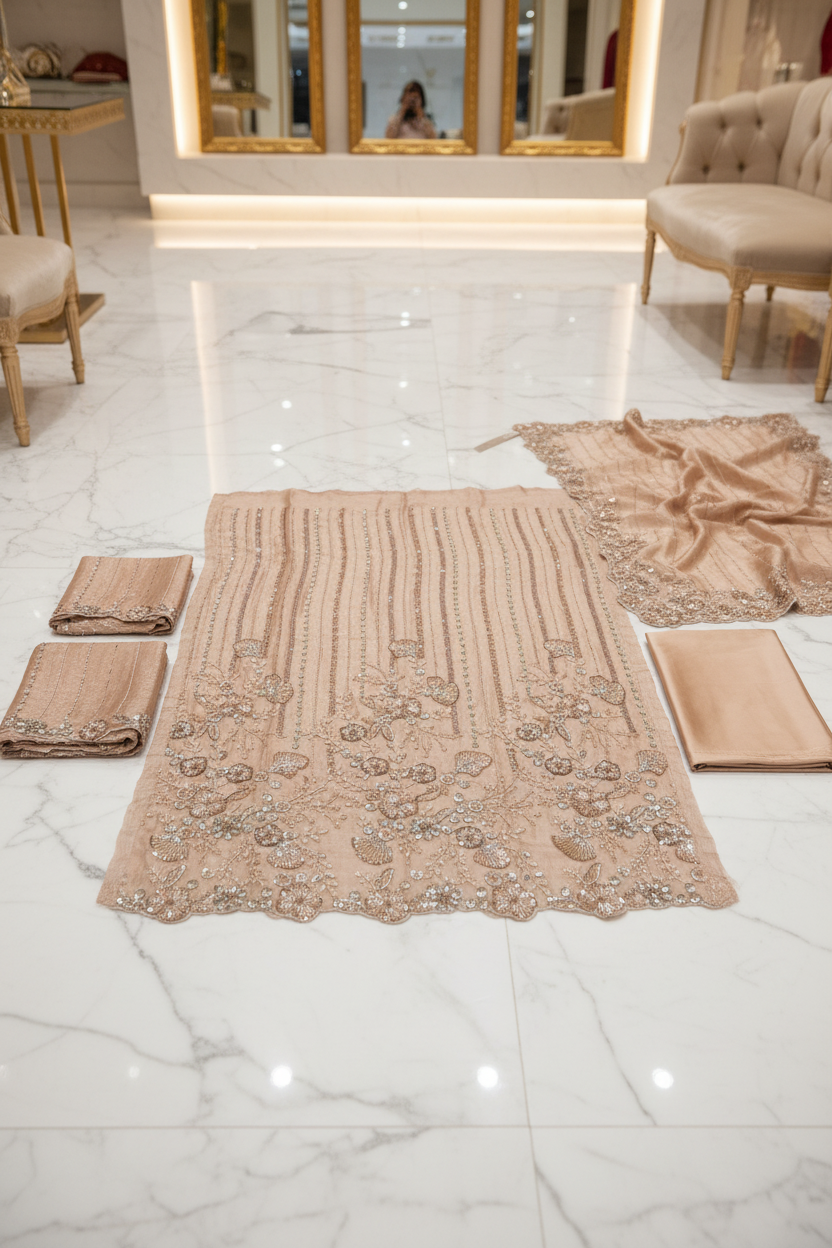 Shimmer Silk Chiffon Unstitched Embellished Fabric | All Over Crystals, Pearls, Stones, Sequins & Cut Dana | Fully Embroidered Front, Back & Sleeves | Embellished Dupatta Border | Wedding Party Suit Fabric M to 8XL