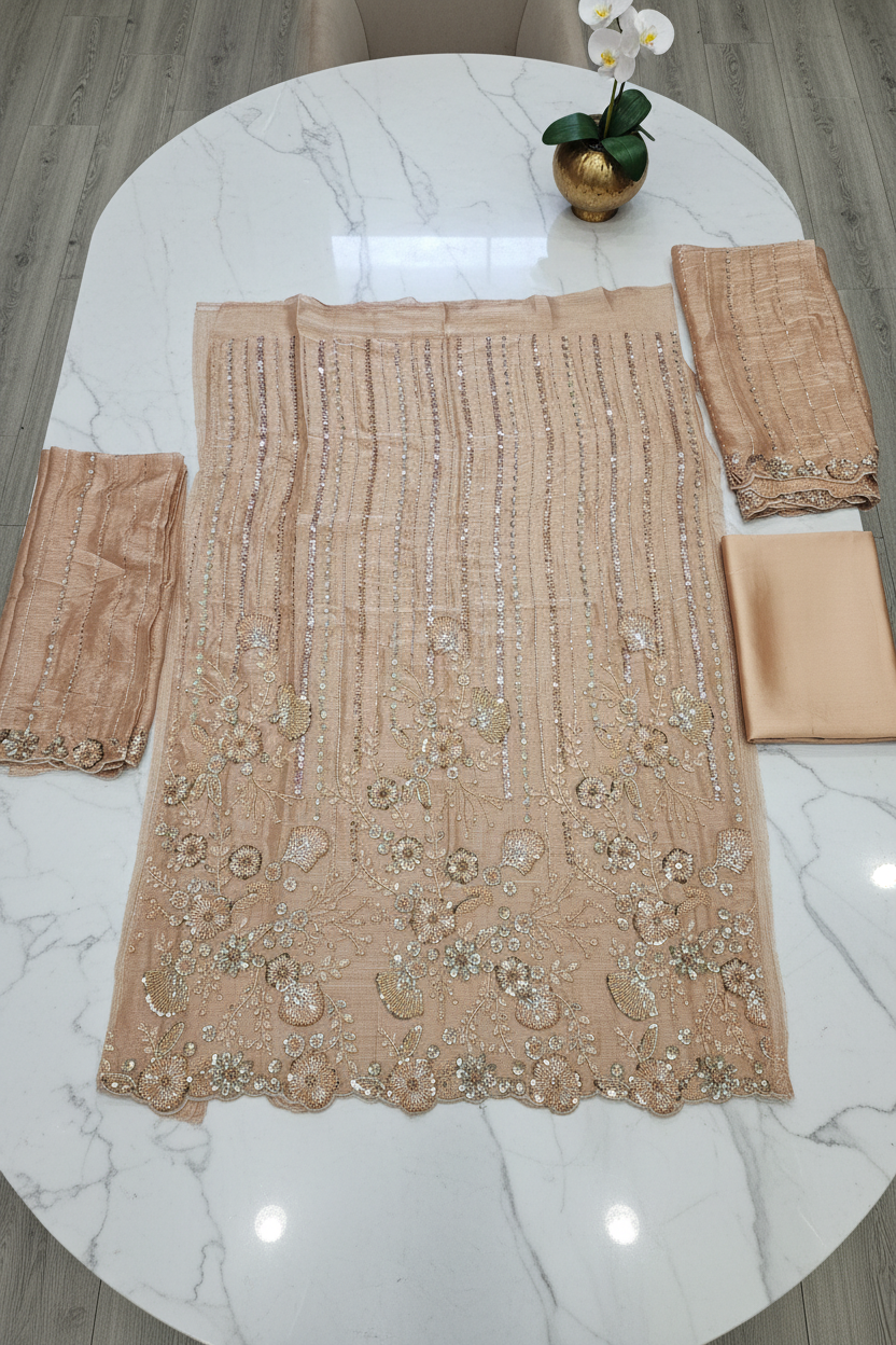 Shimmer Silk Chiffon Unstitched Embellished Fabric | All Over Crystals, Pearls, Stones, Sequins & Cut Dana | Fully Embroidered Front, Back & Sleeves | Embellished Dupatta Border | Wedding Party Suit Fabric M to 8XL