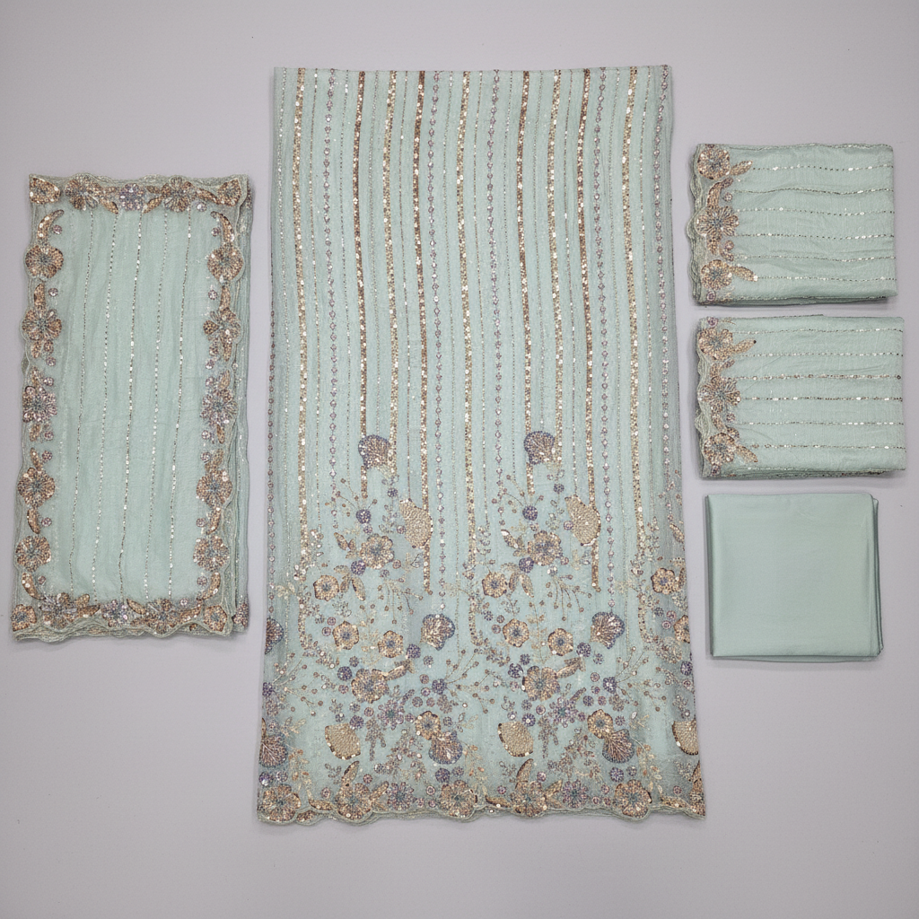 Shimmer Silk Chiffon Unstitched Embellished Fabric | All Over Crystals, Pearls, Stones, Sequins & Cut Dana | Fully Embroidered Front, Back & Sleeves | Embellished Dupatta Border | Wedding Party Suit Fabric M to 8XL