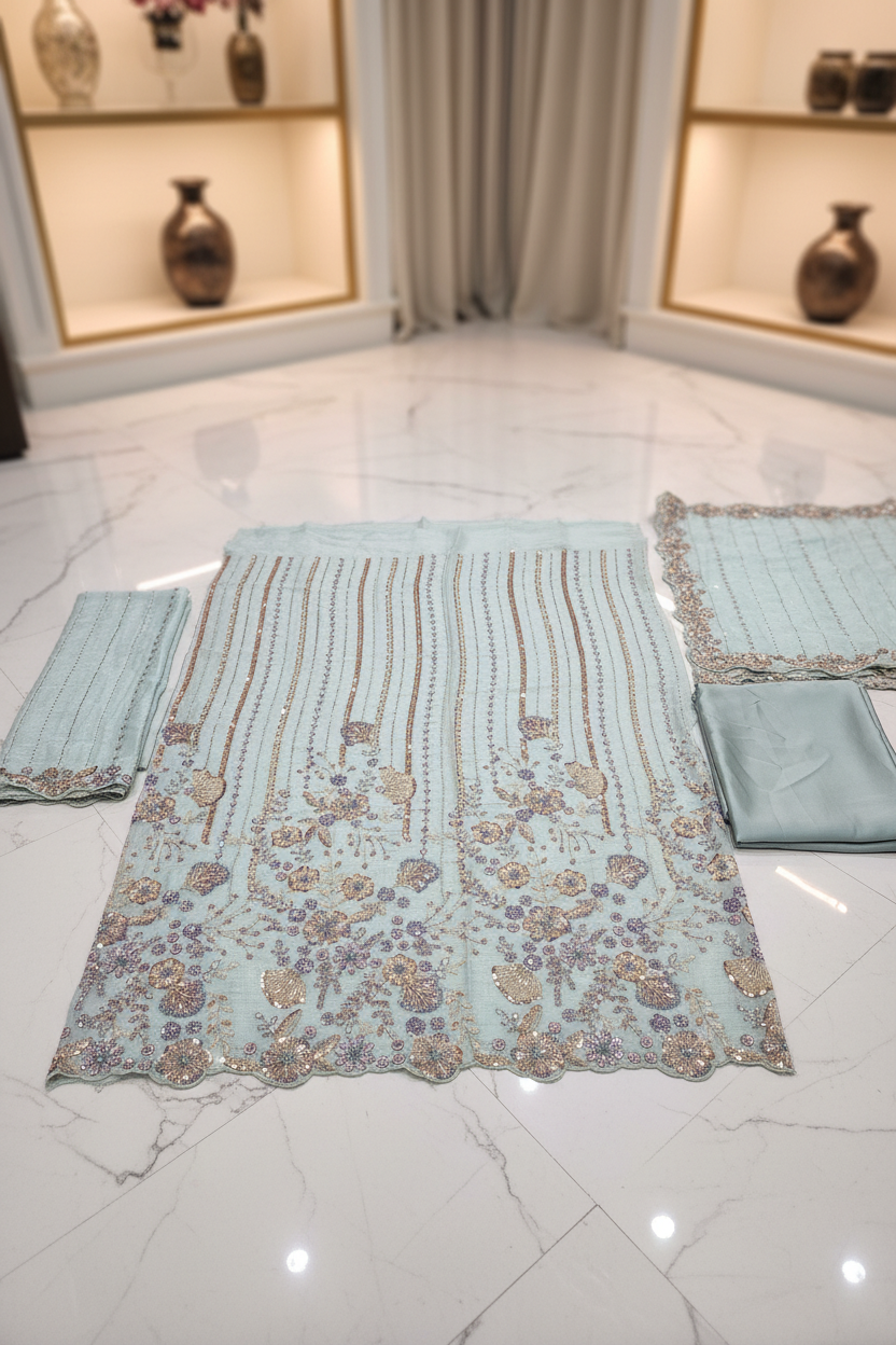 Shimmer Silk Chiffon Unstitched Embellished Fabric | All Over Crystals, Pearls, Stones, Sequins & Cut Dana | Fully Embroidered Front, Back & Sleeves | Embellished Dupatta Border | Wedding Party Suit Fabric M to 8XL