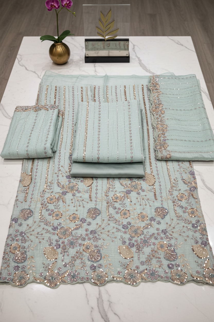 Shimmer Silk Chiffon Unstitched Embellished Fabric | All Over Crystals, Pearls, Stones, Sequins & Cut Dana | Fully Embroidered Front, Back & Sleeves | Embellished Dupatta Border | Wedding Party Suit Fabric M to 8XL