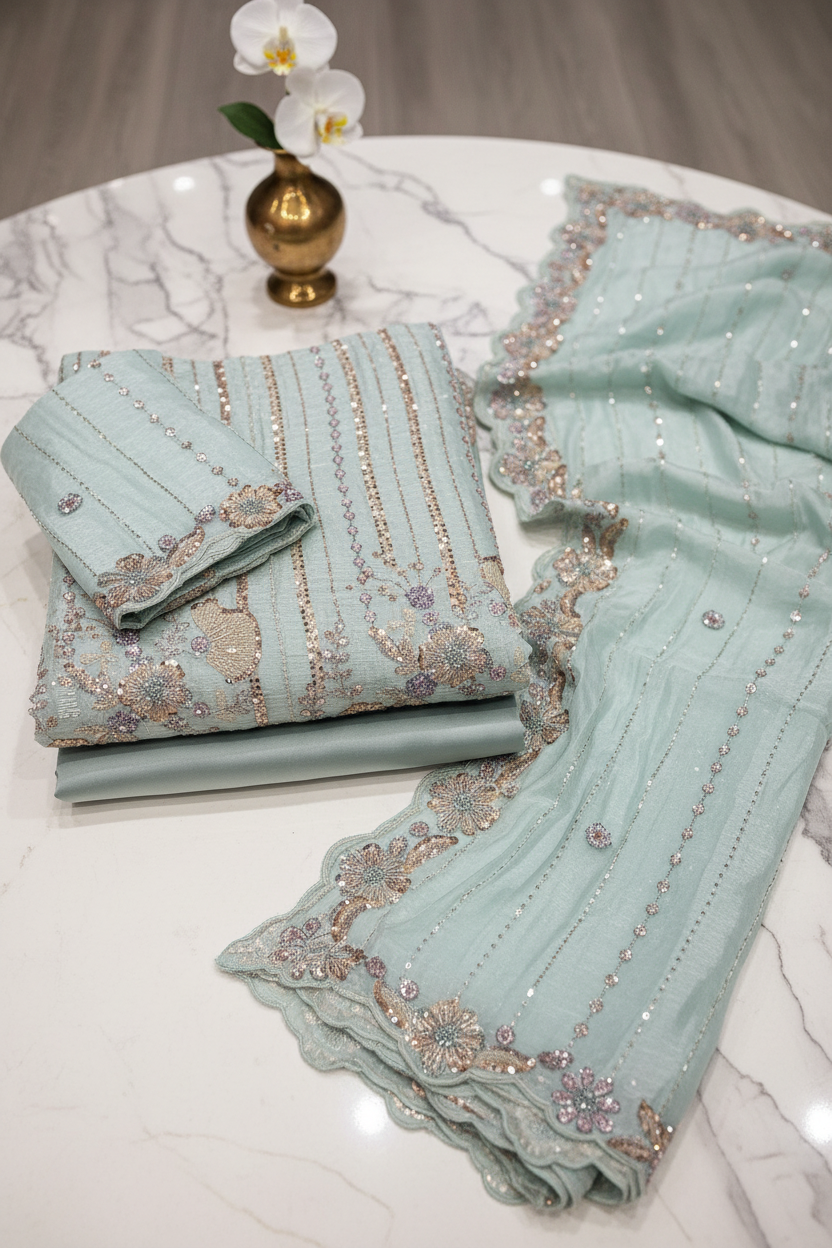 Shimmer Silk Chiffon Unstitched Embellished Fabric | All Over Crystals, Pearls, Stones, Sequins & Cut Dana | Fully Embroidered Front, Back & Sleeves | Embellished Dupatta Border | Wedding Party Suit Fabric M to 8XL