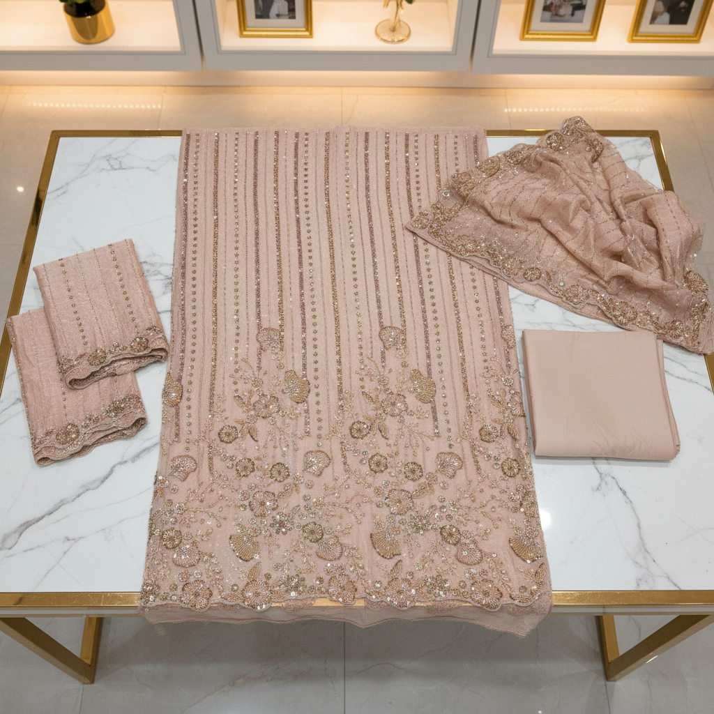 Shimmer Silk Chiffon Unstitched Embellished Fabric | All Over Crystals, Pearls, Stones, Sequins & Cut Dana | Fully Embroidered Front, Back & Sleeves | Embellished Dupatta Border | Wedding Party Suit Fabric M to 8XL