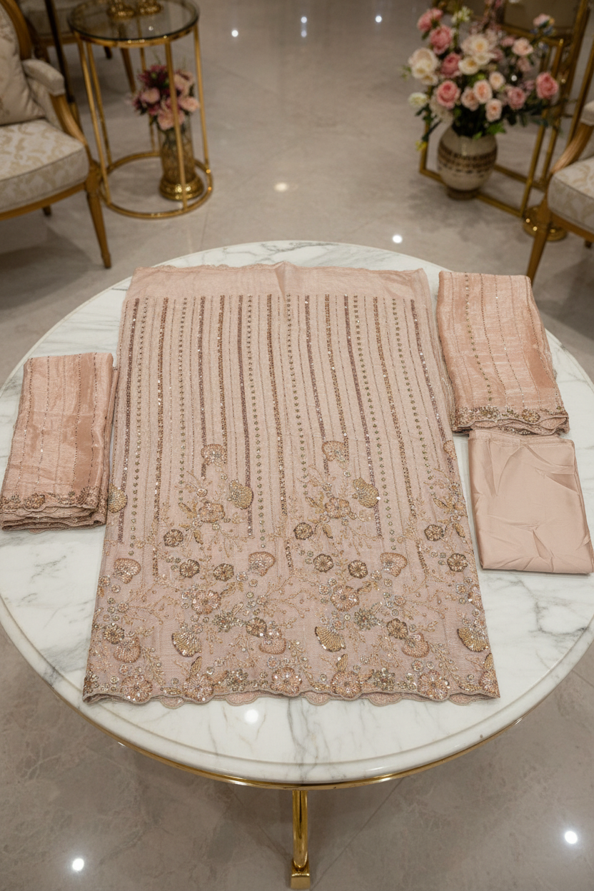 Shimmer Silk Chiffon Unstitched Embellished Fabric | All Over Crystals, Pearls, Stones, Sequins & Cut Dana | Fully Embroidered Front, Back & Sleeves | Embellished Dupatta Border | Wedding Party Suit Fabric M to 8XL