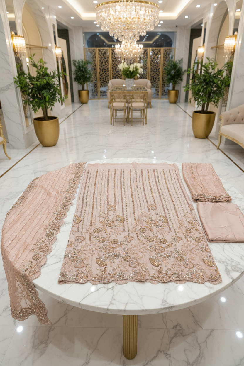 Shimmer Silk Chiffon Unstitched Embellished Fabric | All Over Crystals, Pearls, Stones, Sequins & Cut Dana | Fully Embroidered Front, Back & Sleeves | Embellished Dupatta Border | Wedding Party Suit Fabric M to 8XL