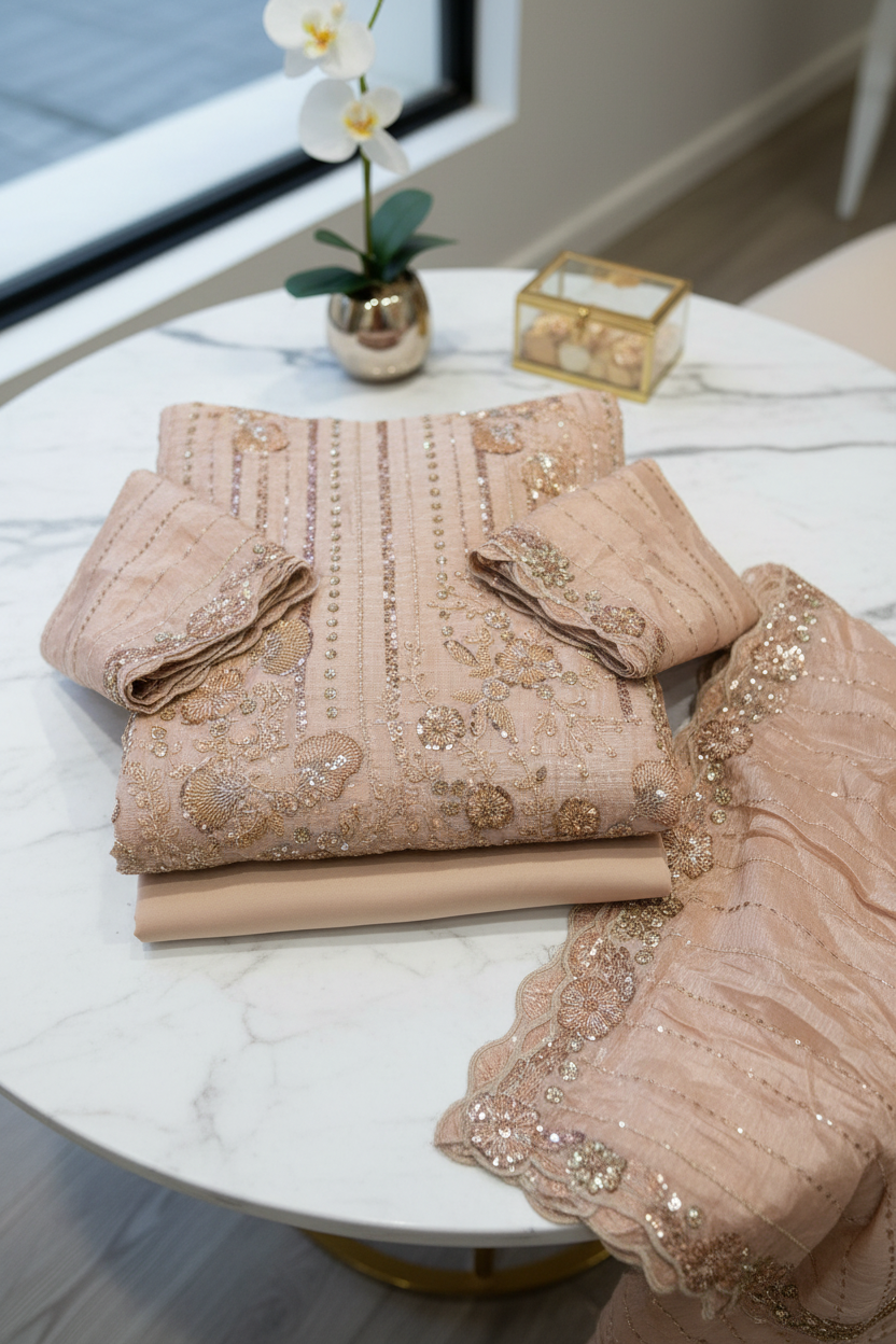 Shimmer Silk Chiffon Unstitched Embellished Fabric | All Over Crystals, Pearls, Stones, Sequins & Cut Dana | Fully Embroidered Front, Back & Sleeves | Embellished Dupatta Border | Wedding Party Suit Fabric M to 8XL