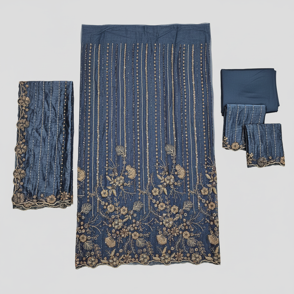Shimmer Silk Chiffon Unstitched Embellished Fabric | All Over Crystals, Pearls, Stones, Sequins & Cut Dana | Fully Embroidered Front, Back & Sleeves | Embellished Dupatta Border | Wedding Party Suit Fabric M to 8XL
