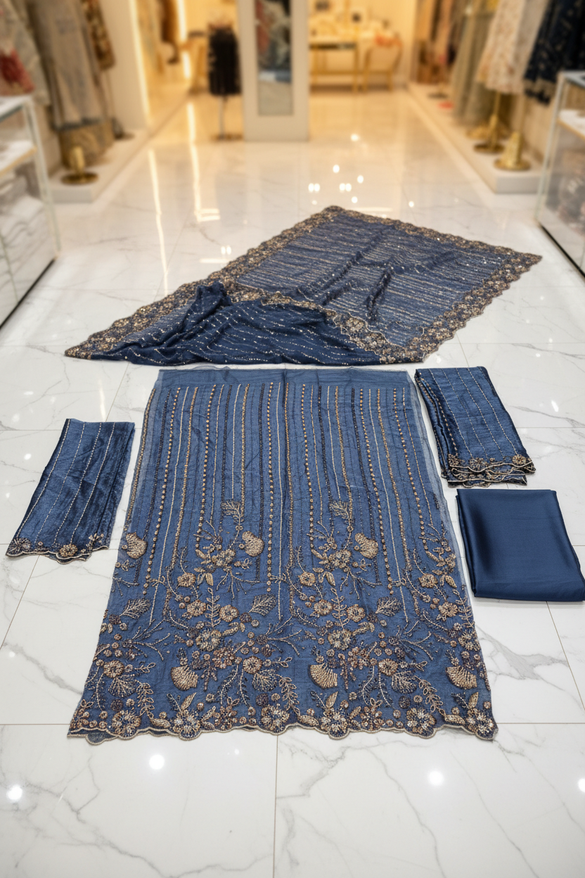Shimmer Silk Chiffon Unstitched Embellished Fabric | All Over Crystals, Pearls, Stones, Sequins & Cut Dana | Fully Embroidered Front, Back & Sleeves | Embellished Dupatta Border | Wedding Party Suit Fabric M to 8XL