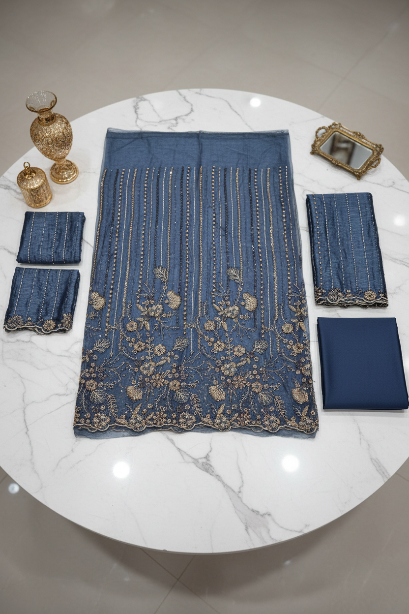 Shimmer Silk Chiffon Unstitched Embellished Fabric | All Over Crystals, Pearls, Stones, Sequins & Cut Dana | Fully Embroidered Front, Back & Sleeves | Embellished Dupatta Border | Wedding Party Suit Fabric M to 8XL