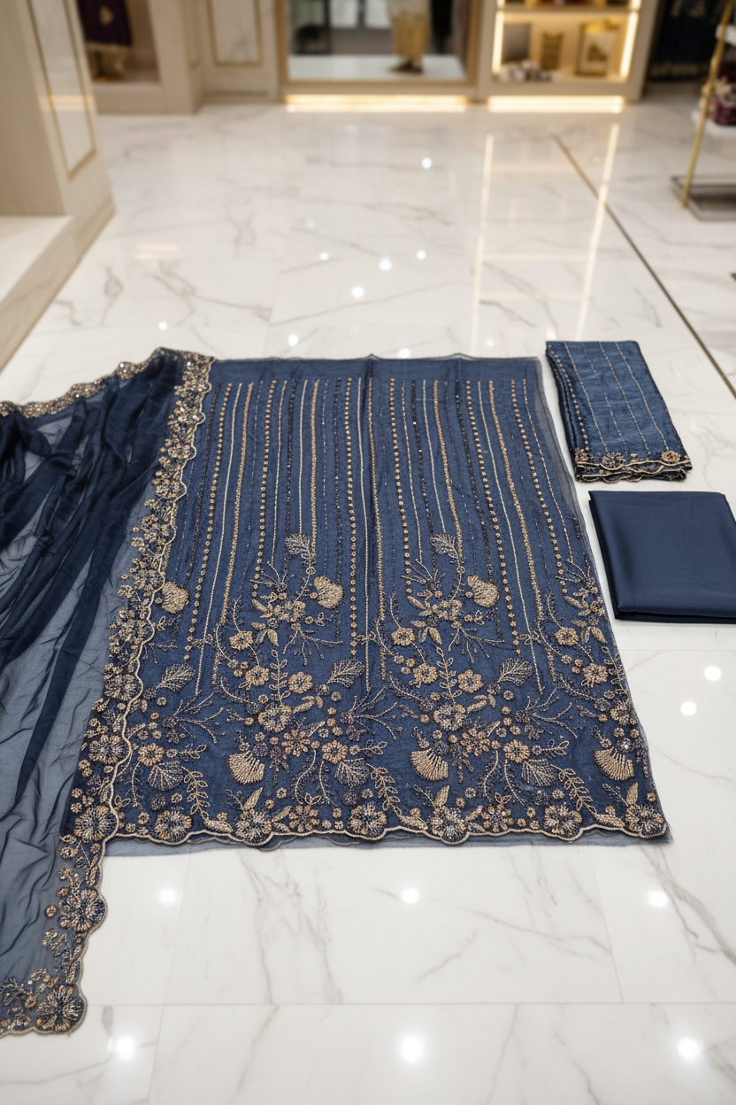 Shimmer Silk Chiffon Unstitched Embellished Fabric | All Over Crystals, Pearls, Stones, Sequins & Cut Dana | Fully Embroidered Front, Back & Sleeves | Embellished Dupatta Border | Wedding Party Suit Fabric M to 8XL