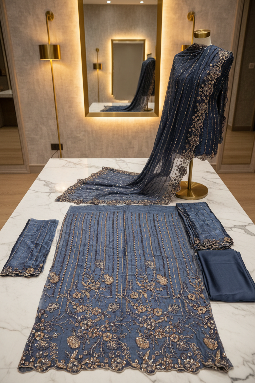 Shimmer Silk Chiffon Unstitched Embellished Fabric | All Over Crystals, Pearls, Stones, Sequins & Cut Dana | Fully Embroidered Front, Back & Sleeves | Embellished Dupatta Border | Wedding Party Suit Fabric M to 8XL