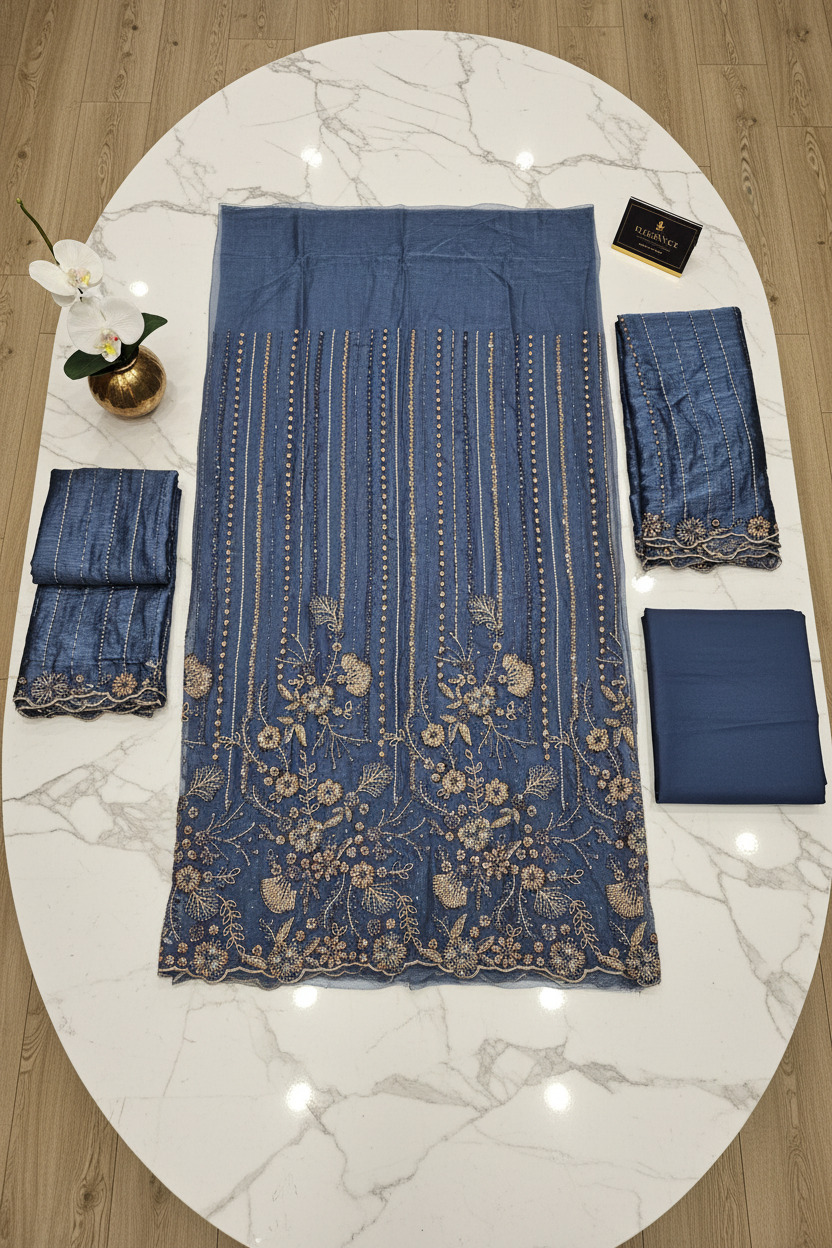 Shimmer Silk Chiffon Unstitched Embellished Fabric | All Over Crystals, Pearls, Stones, Sequins & Cut Dana | Fully Embroidered Front, Back & Sleeves | Embellished Dupatta Border | Wedding Party Suit Fabric M to 8XL
