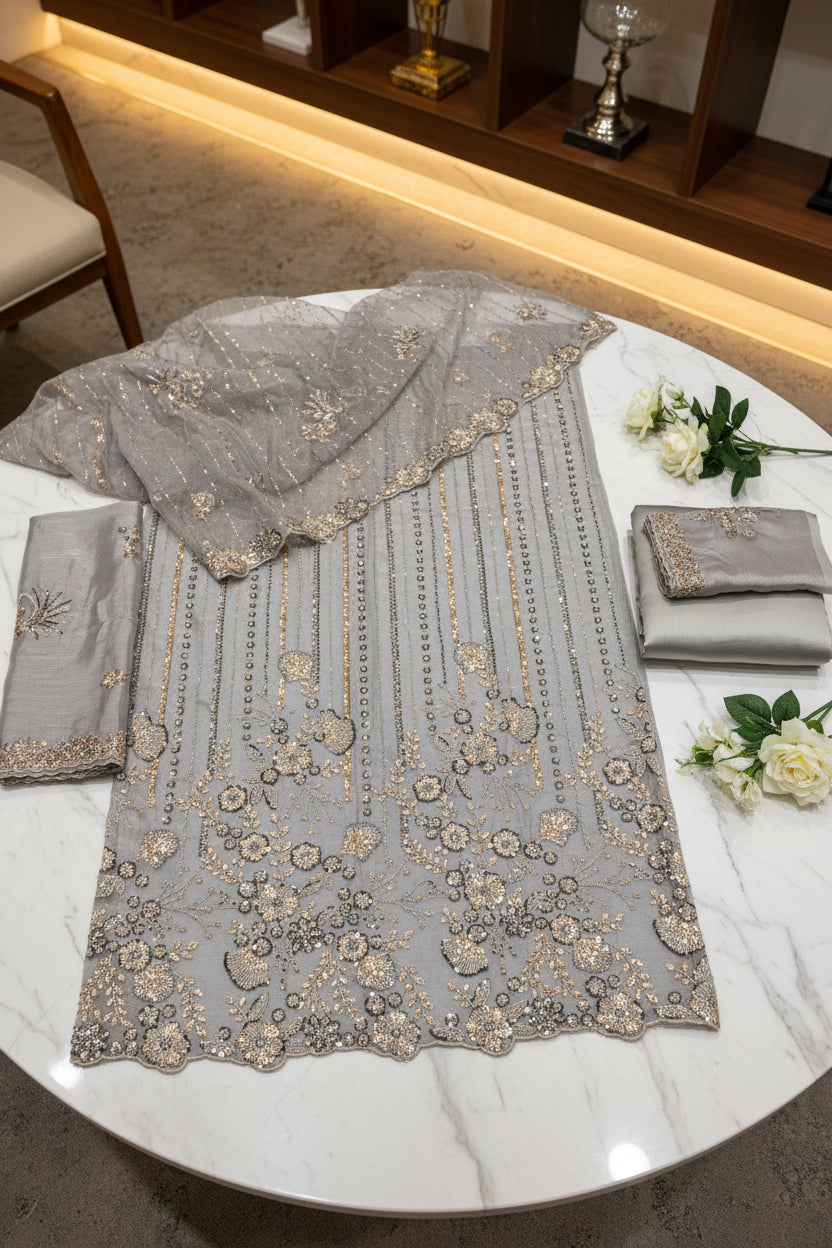 Shimmer Silk Chiffon Unstitched Embellished Fabric | All Over Crystals, Pearls, Stones, Sequins & Cut Dana | Fully Embroidered Front, Back & Sleeves | Embellished Dupatta Border | Wedding Party Suit Fabric M to 8XL