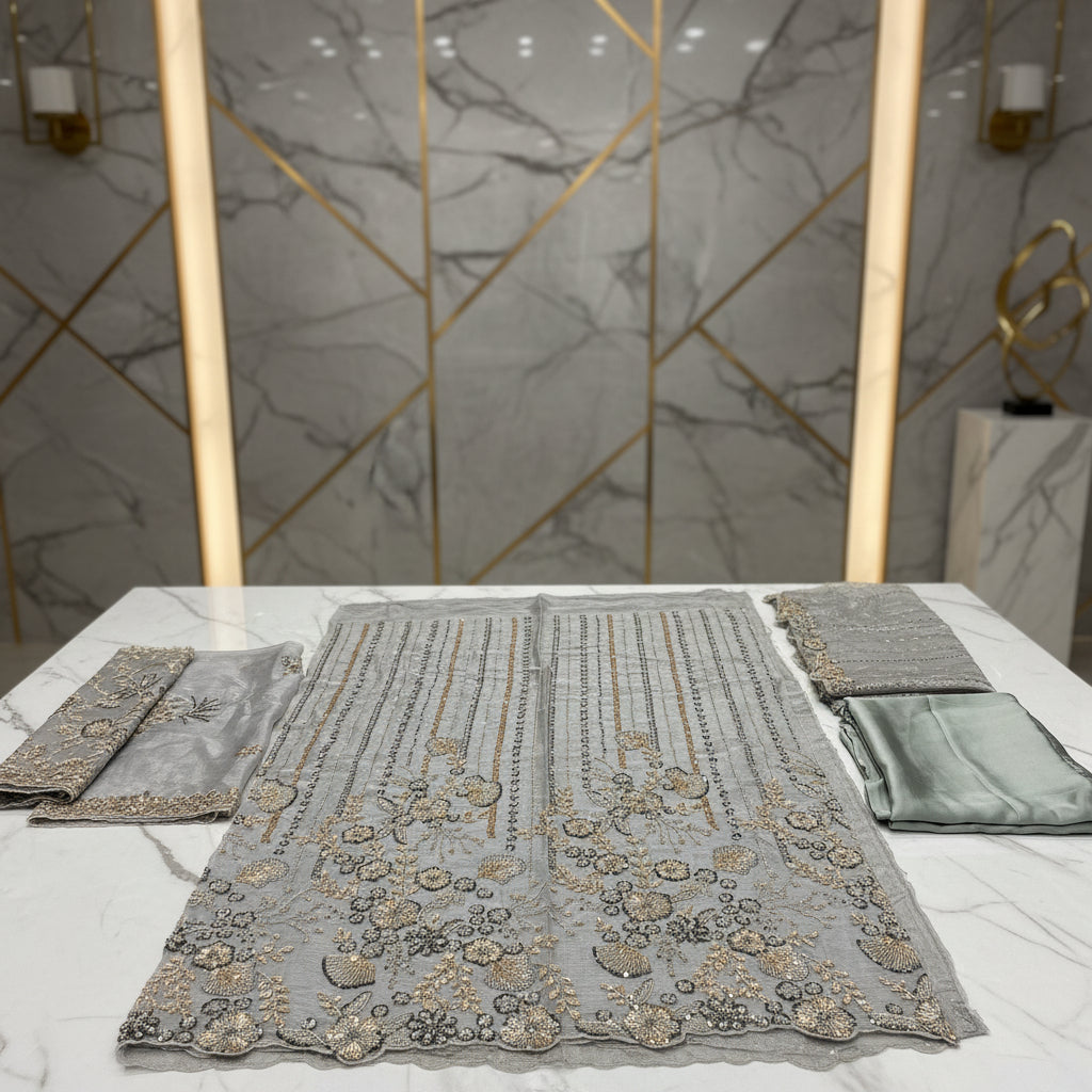 Shimmer Silk Chiffon Unstitched Embellished Fabric | All Over Crystals, Pearls, Stones, Sequins & Cut Dana | Fully Embroidered Front, Back & Sleeves | Embellished Dupatta Border | Wedding Party Suit Fabric M to 8XL