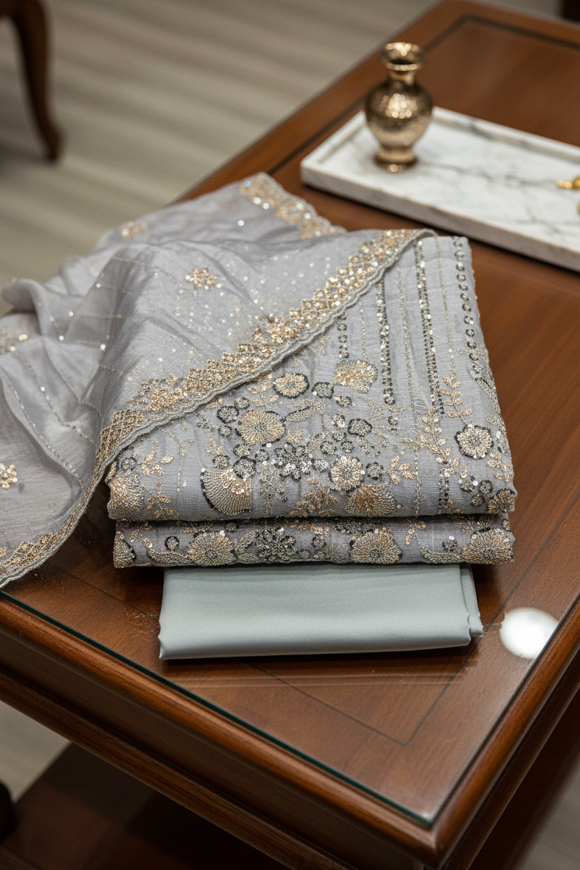 Shimmer Silk Chiffon Unstitched Embellished Fabric | All Over Crystals, Pearls, Stones, Sequins & Cut Dana | Fully Embroidered Front, Back & Sleeves | Embellished Dupatta Border | Wedding Party Suit Fabric M to 8XL