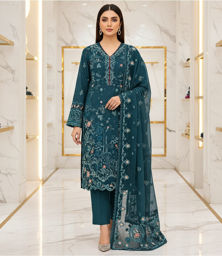 QMR Teal Asymmetry: Thread Embroidered Linen Suit with Detailing | Luxury Pret for Eid Mehndi & Formal Gatherings