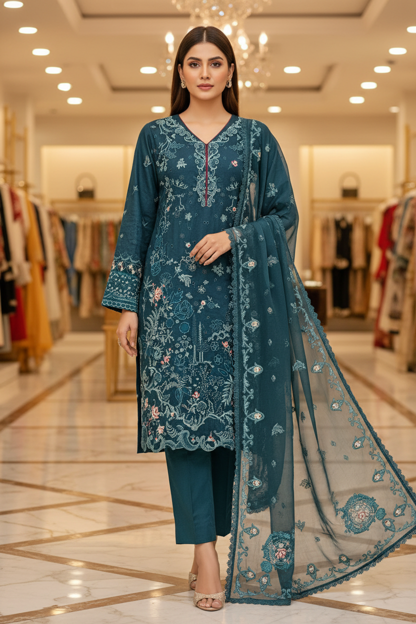 QMR Teal Asymmetry: Thread Embroidered Linen Suit with Detailing | Luxury Pret for Eid Mehndi & Formal Gatherings