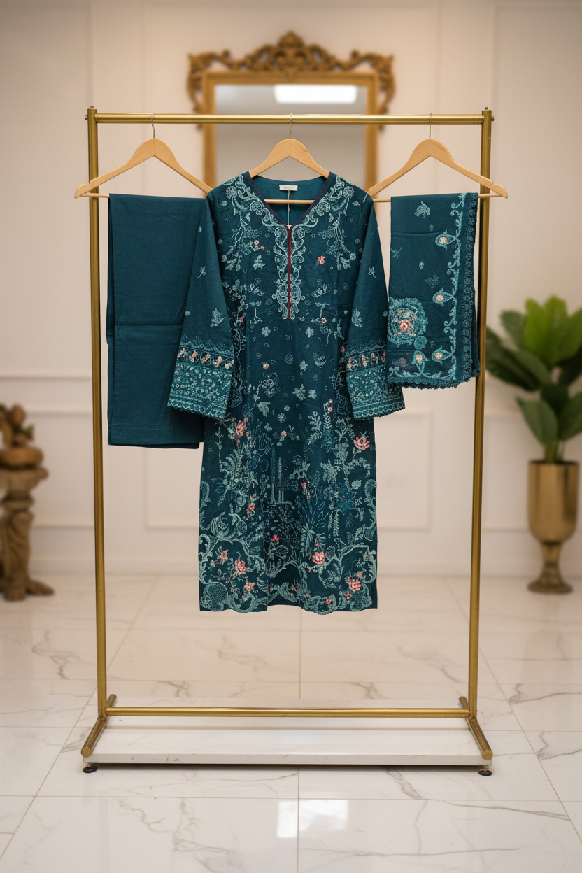 QMR Teal Asymmetry: Thread Embroidered Linen Suit with Detailing | Luxury Pret for Eid Mehndi & Formal Gatherings