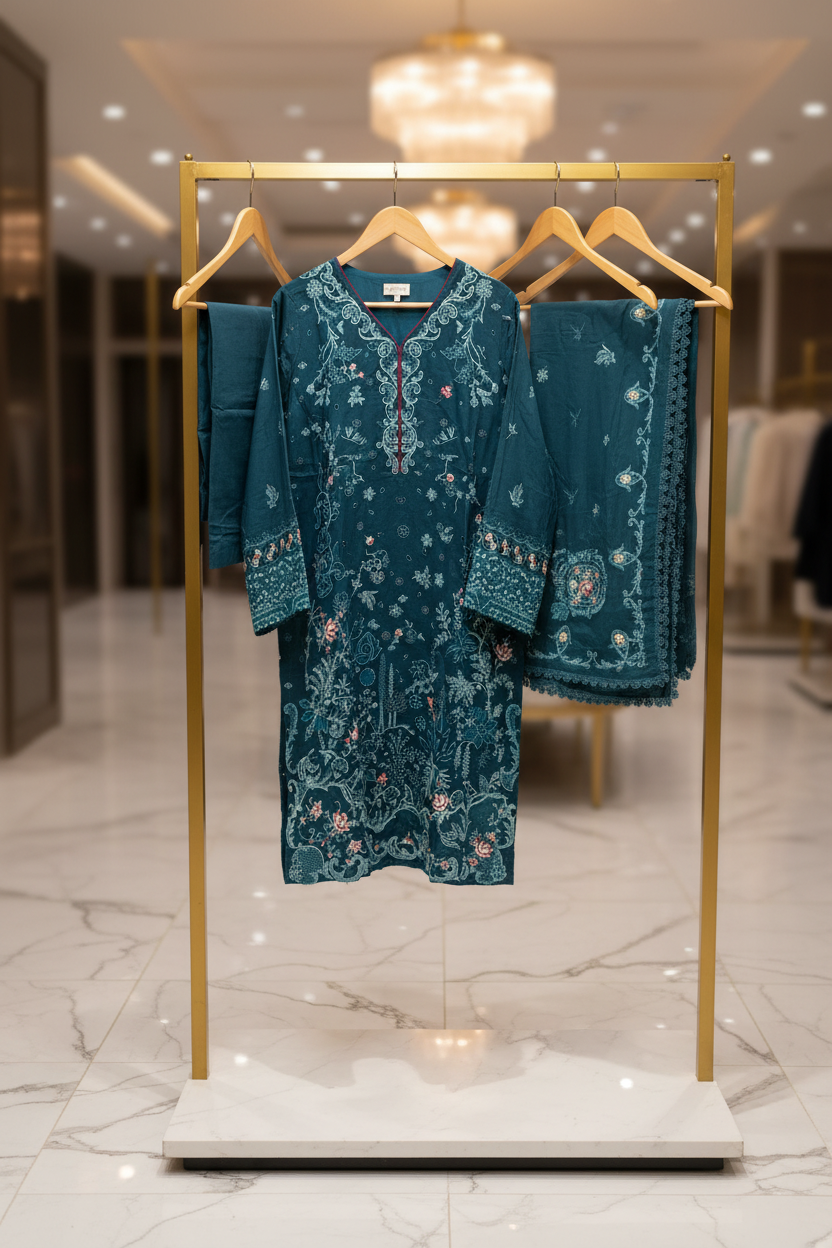 QMR Teal Asymmetry: Thread Embroidered Linen Suit with Detailing | Luxury Pret for Eid Mehndi & Formal Gatherings