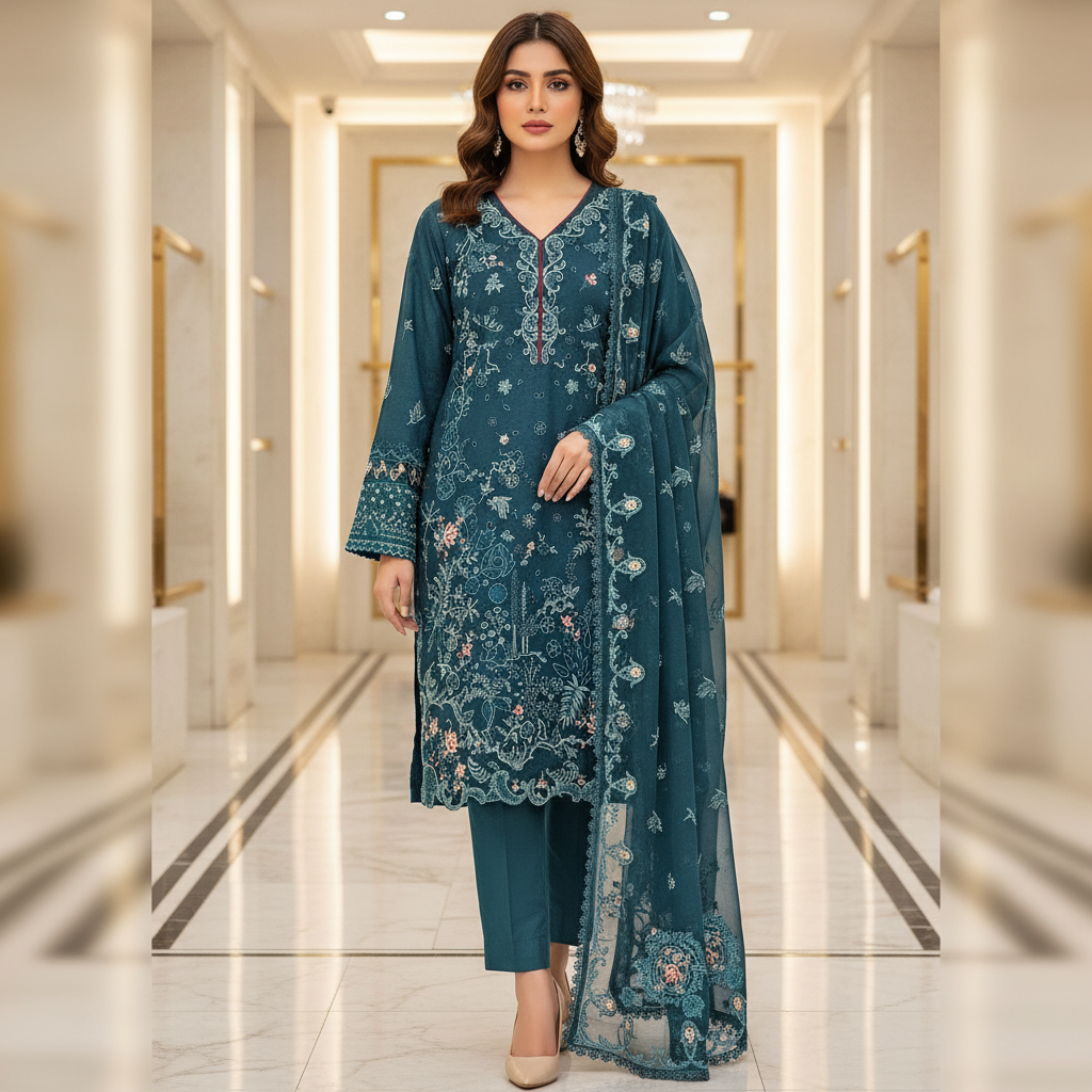 QMR Teal Asymmetry: Thread Embroidered Linen Suit with Detailing | Luxury Pret for Eid Mehndi & Formal Gatherings