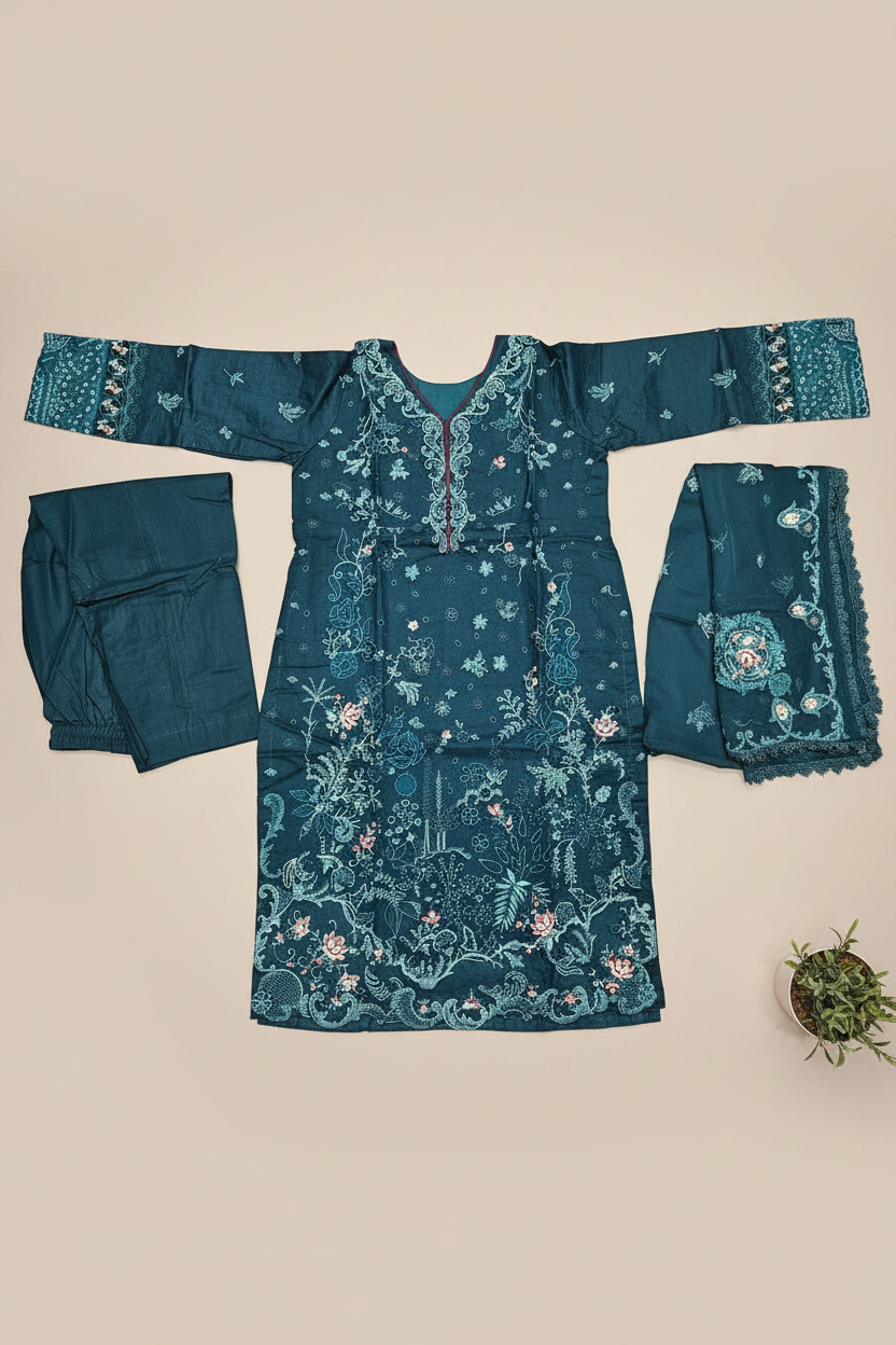 QMR Teal Asymmetry: Thread Embroidered Linen Suit with Detailing | Luxury Pret for Eid Mehndi & Formal Gatherings